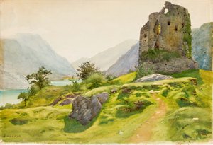 Paisaje montañoso con ruina