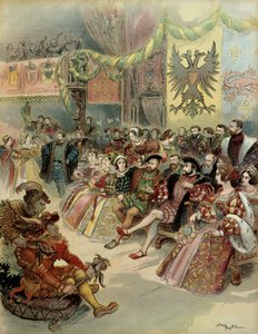 Baile en la corte del rey de Francia, Francisco I (1494-1547), con la presencia de Carlos V (1500-1558) rey de España y emperador del Sacro Imperio Romano Germánico, en el castillo de Fontainebleau, en 1539. Ilustración de Albert Robida