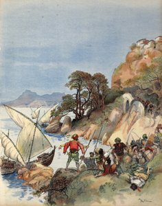 Los piratas de Berbería aterrorizando la costa del Mediterráneo, secuestrando a los habitantes para venderlos como esclavos, ilustración de 