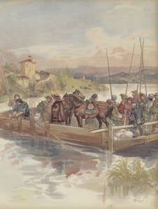 Borbón huyendo, casi es reconocido por soldados, al cruzar un ferry de Albert Robida