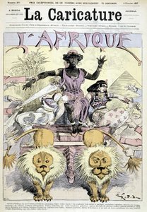 Caricatura sobre el colonialismo en África “Gran desembalaje de novedades coloniales africanas, ¡hagan su elección! Todo un continente para compartir, grandes ocasiones, trozos de Congo, piezas de Guinea” por Robida - en “La Caricature” del 05/02/1887 de Albert Robida
