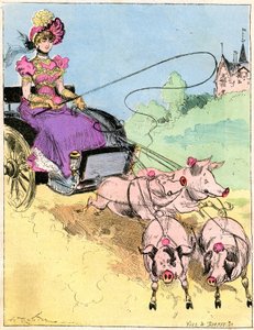 Dibujo de Albert Robida (1848-1926) en la portada del Comique World n°296 (principios del siglo XX) - Nuevo enganche muy elegante para pequeñas salidas al campo - Joven mujer conduciendo un carruaje de cerdos (cerdos) - de Albert Robida