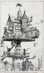 El dibujo muestra una estructura de vivienda elevada sobre los tejados y diseñada para girar y ajustarse en varias direcciones, dibujo de Albert Robida c. 1883