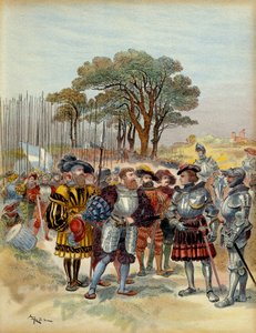 Quinta Guerra Italiana (1515-1516): en el campamento retirado de la Bicocca frente a Milán (Italia), en 1516, los suizos exigieron pago, licencia o batalla, Odet de Foix, Vizconde de Lautrec, mariscal de Francia (1485-1528) no pudo pagarles de Albert Robida