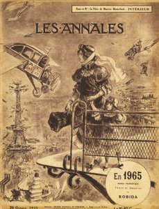 Primera publicación de la novela de anticipación profética "En 1965" de Albert Robida (1848-1926) en 1919 en la revista "Annales Politiques et Litteraires" - París sufre una congestión de tráfico... ¡en el cielo! Aviones que vuelan solos y taxis (avión de Albert Robida