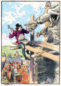Escultor de gárgolas sobre andamios en el siglo XV