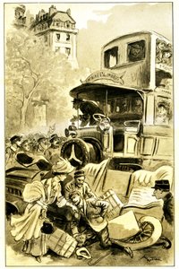 Ilustración de Albert Robida (1848-1926) para el libro de Leon Berthault "Le record du tour du monde", edición Mame debut siglo XX (1911) - un accidente de tráfico en París hacia 1900: coche atropellado por un ómnibus. El conductor resulta herido - de Albert Robida