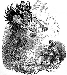 Ilustración de Albert Robida (1848-1926) de una leyenda árabe (1001 noches) (Cuentos de las Mil y Una Noches): un horrible demonio (genio maligno) obsequia a un hombre con una botella de vino. grabado del libro "Choix de lectures" Armand Colin 1926. de Albert Robida