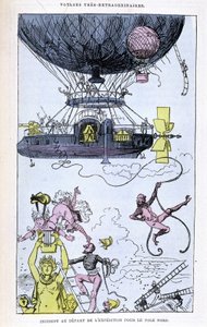 Incidente en la partida de la expedición al Polo Norte (aerostato y escenas disparatadas), parodia de Jules Verne, "Viajes muy extraordinarios de Saturnin Farandoul en 5 o 6 partes del mundo y en todos los países conocidos o desconocidos por el Sr. Jules V de Albert Robida