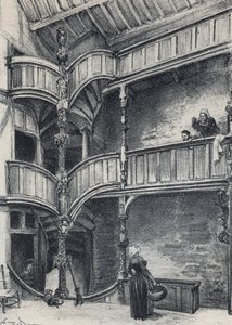 Interior de una casa en Morlaix - Vieja Francia - Bretaña - texto, dibujos y litografías, por Albert Robida (1848-1926) sin fecha finales del siglo XIX