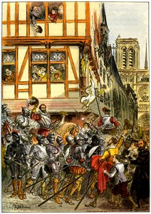 El rey Enrique IV de Francia aclamado por la multitud a su llegada a Notre-Dame tras la rendición de París el 22 de marzo. de Albert Robida