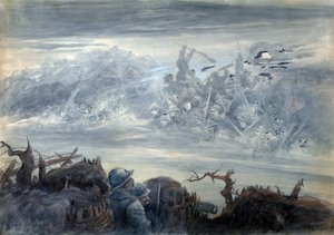 Le combat des ombres: poilus dans une tranchee imaginando un asalto de soldados fantasmales de Albert Robida