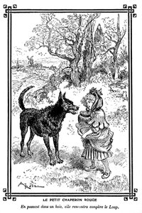 Caperucita Roja, con su tarta y su tarro de mantequilla, se encuentra con el Lobo. Dibujo de Albert Robida (1848-1926) en un libro de lecturas infantiles 1920-1930. de Albert Robida