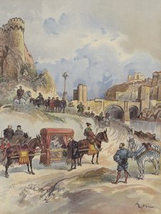 Margarita de Francia visitando a su hermano, es recibida en el Puente de Toledo por Carlos V de Albert Robida