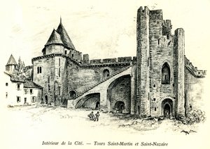 Cité Medievale de Carcassonne (Aude, Languedoc, Pays Cathare) - Tours Saint Martin (San Martín) y Saint Nazaire (San Nazario) con casas adosadas a las murallas - grabado romántico de Albert Robida (1848-1926) en un libro publicado a principios de de Albert Robida