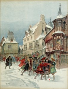 Batalla de bolas de nieve en Romorantin (Francia). El rey Francisco I (1494-1547) herido en el asalto a la residencia de Saint Pol el 6 de enero de Albert Robida