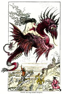 Súcubo: demonio femenino (mujer - hembra) cabalgando un dragón - ilustración de Albert Robida para los Cuentos Drolaticos de Honore de Balzac - principios del siglo XX de Albert Robida