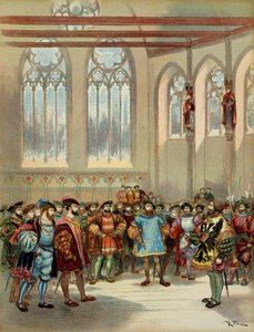 El heraldo de Borgoña, enviado por Carlos V (1500-1558), fue recibido por Francisco I (1494-1547) en el gran salón del Parlamento en París, primera mitad del siglo XVI de Albert Robida
