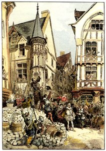 El Duque de Guisa aclamado por la multitud y los soldados del regimiento Gardes Francaises en París el Día de la Barricada de Albert Robida