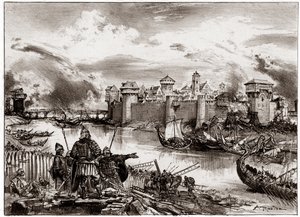Los vikingos, piratas normandos comandados por su jefe Sigfrido, sitian París (grabado) de Albert Robida