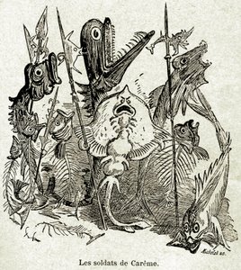 El ejército de Quaresmeprenant. Los soldados están representados como peces, algunos de los cuales sólo tienen las aretes, por referencia a la comida magra (joven) de Careme. Ilustración de Albert Robida (1848-1926) para un episodio del Cuarto Livre de Fra de Albert Robida