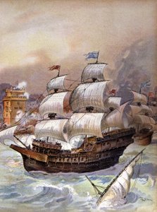 La flota de Jean Ango bloquea el Tajo y amenaza Lisboa, c.1909 (ilustración) de Albert Robida
