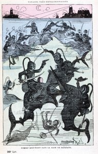 Combate submarino en la bahía de Papagayo (escafandristas montando peces), parodia de Jules Verne, "Viajes muy extraordinarios de Saturnin Farandoul en 5 o 6 partes del mundo y en todos los países conocidos o desconocidos por el Sr. Jules Verne" por Robida de Albert Robida