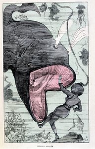 Mujer en un escafandro siendo tragada por una ballena, parodia de Jules Verne, “Viajes muy extraordinarios de Saturnin Farandoul en 5 o 6 partes del mundo y en todos los países conocidos o desconocidos por M. Jules Verne” por Robida, París de Albert Robida