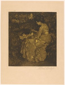 Mujer dando de comer papilla a un niño en una cuna de Albert Roelofs (signed by artist)