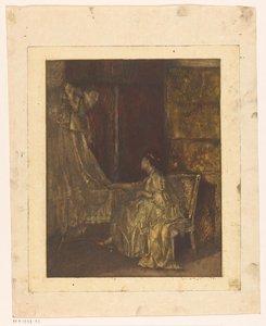 Mujer sentada en una silla junto a una cuna de Albert Roelofs