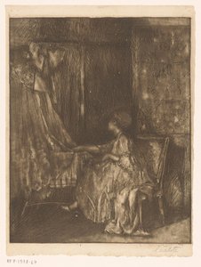 Mujer sentada en una silla junto a una cuna de Albert Roelofs