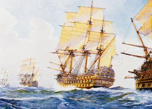 Barcos del siglo XVIII en fila india amurados a estribor, acuarela de Albert Sebille (1874-1953), siglo XX de Albert Sébille