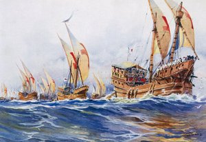 Barcos franceses del rey Luis IX durante la octava cruzada en 1268, acuarela de Albert Sebille (1874-1953)