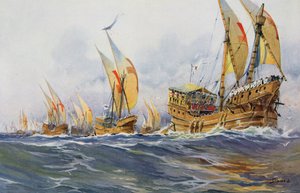 Barcos franceses de Saint-Louis durante la Octava Cruzada en 1268 (litografía en color) de Albert Sébille