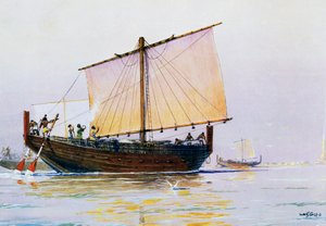 Buque mercante fenicio llegando a Pharos, acuarela de Albert Sebille (1874-1953), siglo XX.