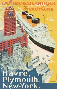 Cartel publicitario de la ruta Le Havre-Plymouth-Nueva York de la compañía naviera Companie Generale Transatlantigue, conocida como "French Line" (litografía en color). de Albert Sébille