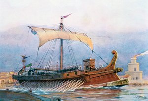 Barco de época imperial romana saliendo del arsenal, acuarela de Albert Sebille (1874-1953)