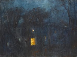 Casa de noche con una ventana iluminada