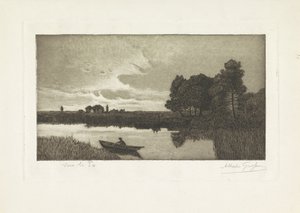 Paisaje con un pescador en una barca en el río
Sur le Po (título en el objeto) de Alberto Grosso