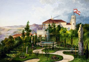 Exterior con jardín, suroeste de Villa Lazzarovic Trieste residencia de Maximiliano de Habsburgo (1832-1867) de Alberto Prosdocini or Prosdocimi