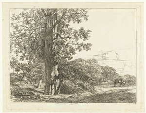 Paisaje con gran haya y jinete en conversación con el hombre. de Albertus Brondgeest