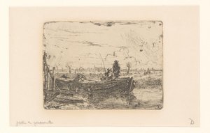 Paisaje de pólder con dos hombres en un barco de Albertus Brondgeest
