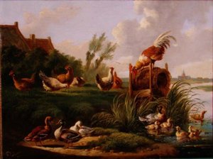 Patos y aves de corral en la orilla del río de Albertus Verhoesen