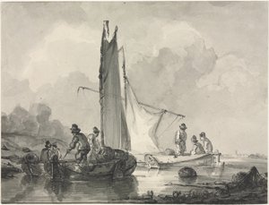 Paisaje fluvial con pescador y tres barcos de Albertus van Beest
