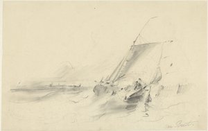 Paisaje marino con barcaza en aguas turbulentas de Albertus van Beest