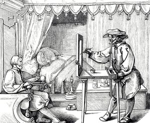 Grabado en madera que representa a un artista usando una ayuda para dibujar para obtener las proporciones correctas de un retrato. Grabado por Albrecht Dürer (1471-1528) un pintor, grabador y teórico alemán del Renacimiento