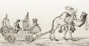 El organista Paul Hoffaner tocando en un carruaje tirado por un camello, c.1880 (grabado) de Albrecht (after) Durer or Duerer