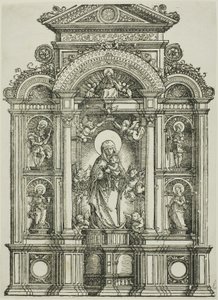 Retablo con la bella Virgen de Ratisbona y los santos Cristóbal, María Magdalena, Florián y Catalina de pie en nichos, con Dios Padre encima