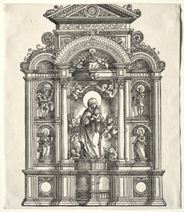 Gran altar con la Virgen, en un borde con San Cristóbal, San Jorge, Santa Bárbara, Santa Catalina, 1520