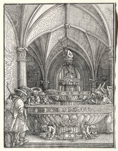 La Sagrada Familia en la huida a Egipto en una fuente de Albrecht Altdorfer
